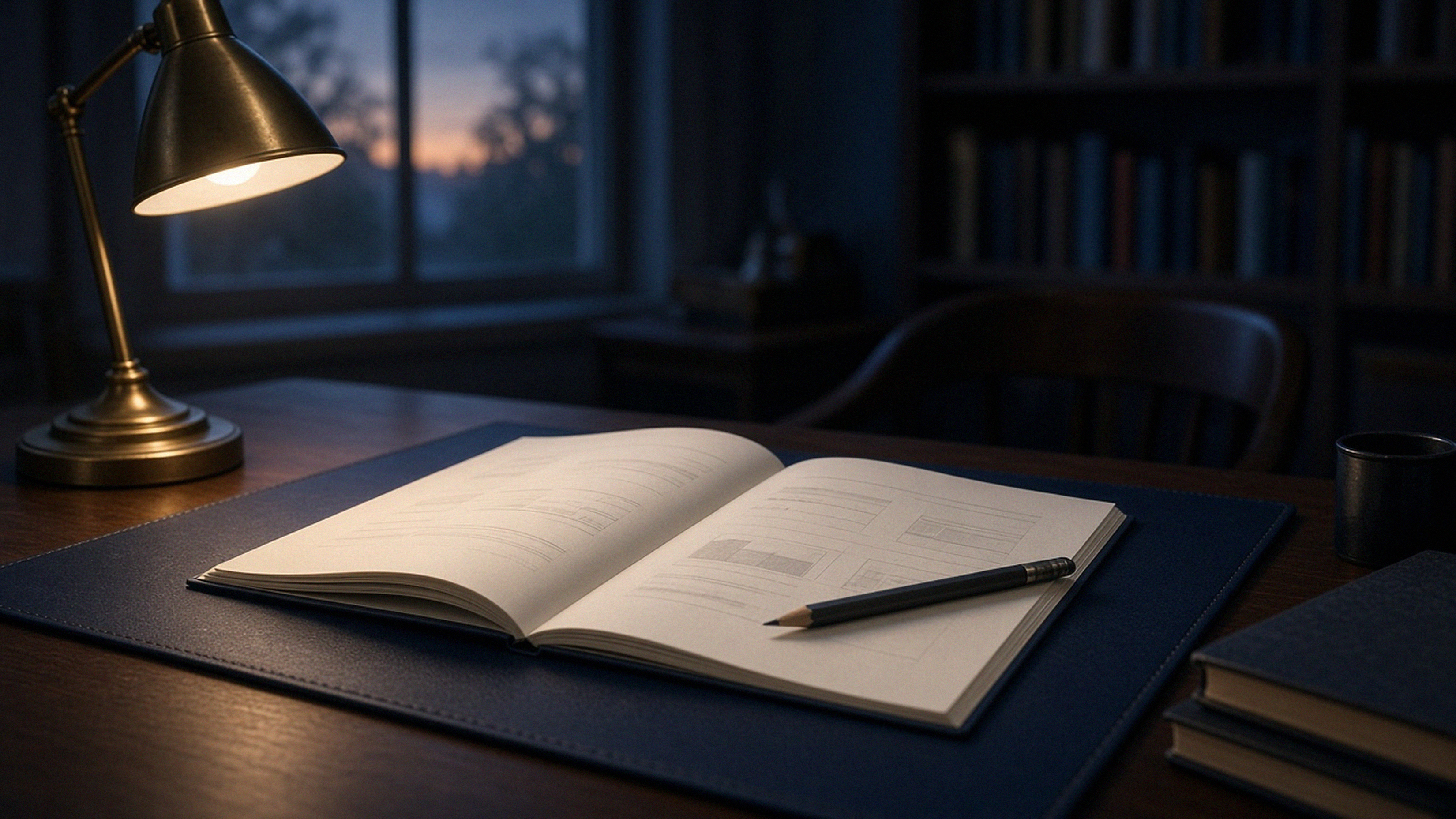 A brass lamp over an open report on a navy blotter at dusk