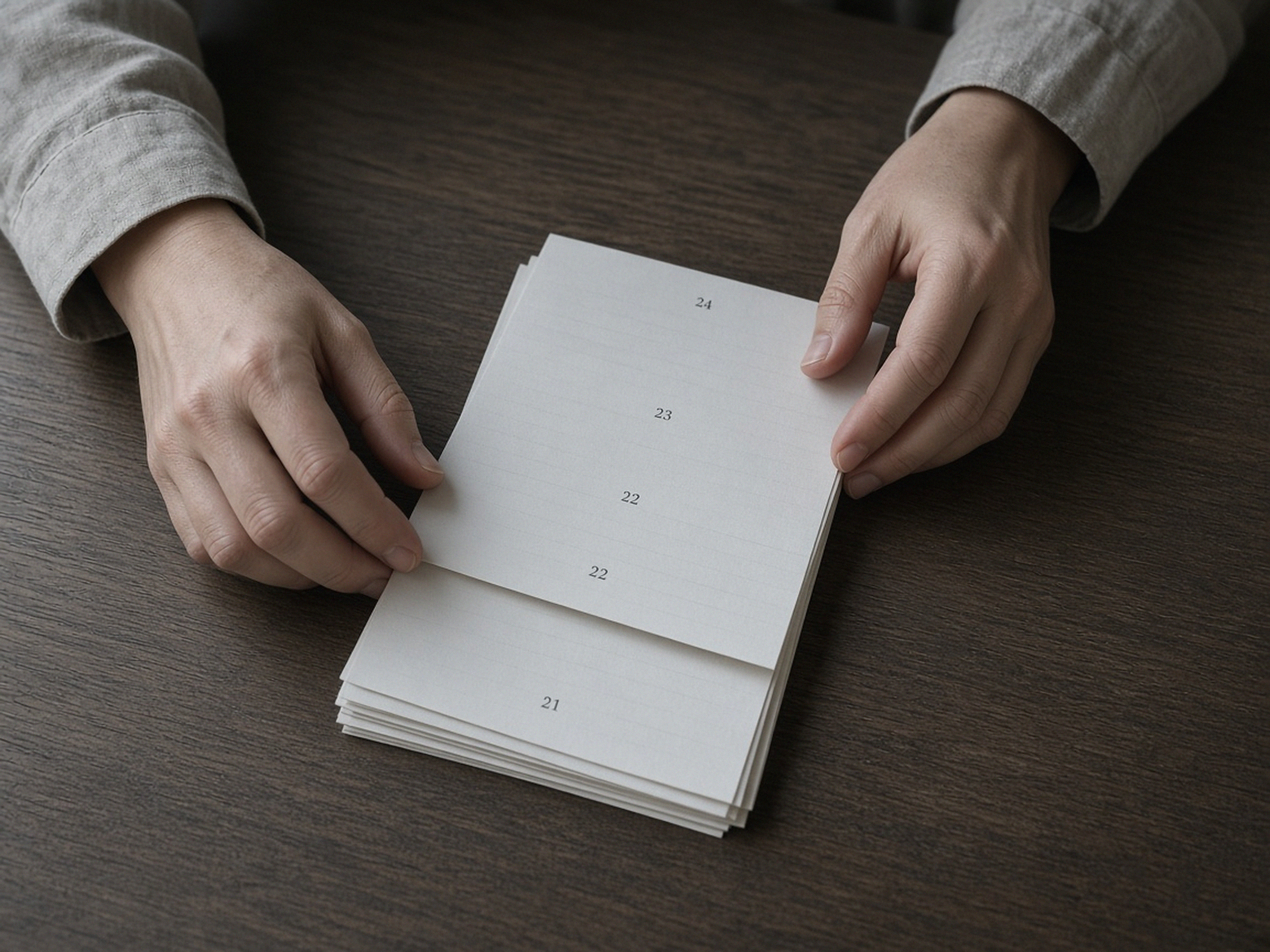 Hands ordering a stack of sheets on a dark table